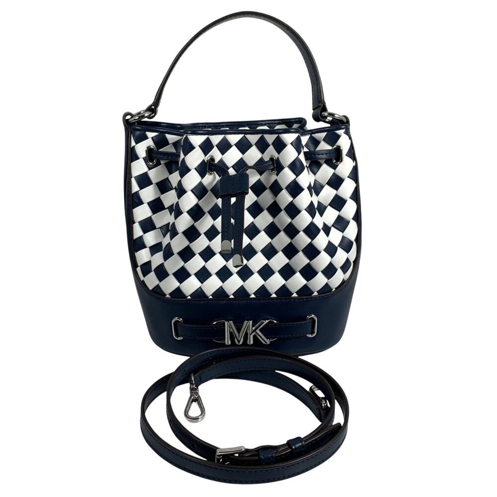 MICHAEL KORS Reed Belted Bucket Messenger Bag Navy/White Checkered Leather + Fob
